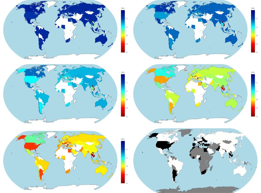 World maps of the percent change in GDP under five U.S. tariff scenarios; losses deepen and spread as tariffs escalate.